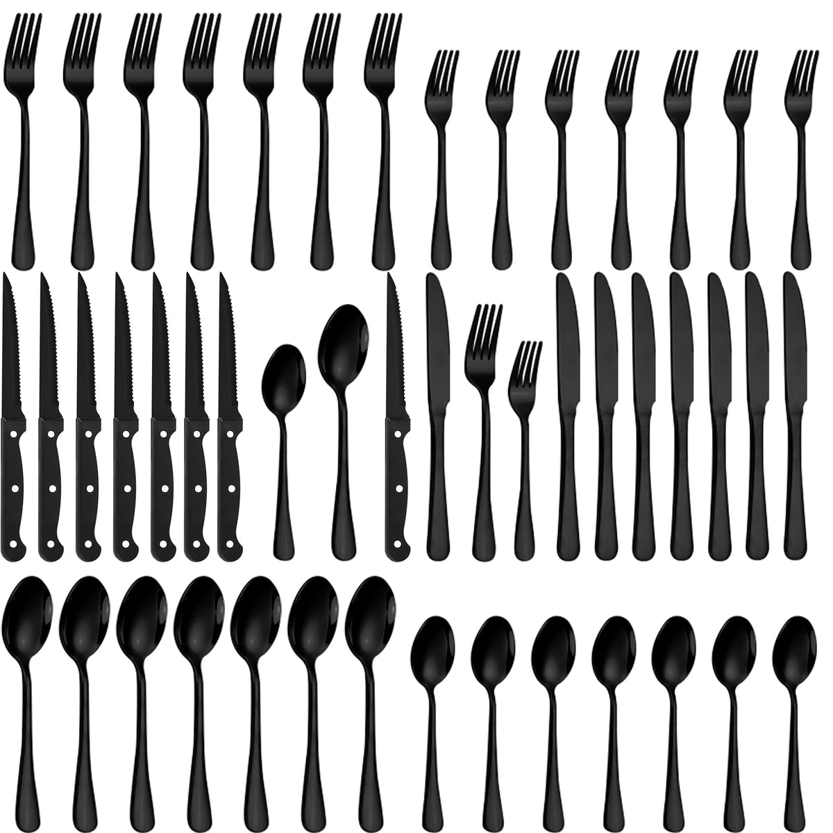 Lazycorner 60-Piece Black Silverware Set with Steak Knives Black Stainless Steel Flatware Set for 10 Food Grade Tableware Cutlery Set Rust-proof, Mirror Polished, Dishwasher Safe