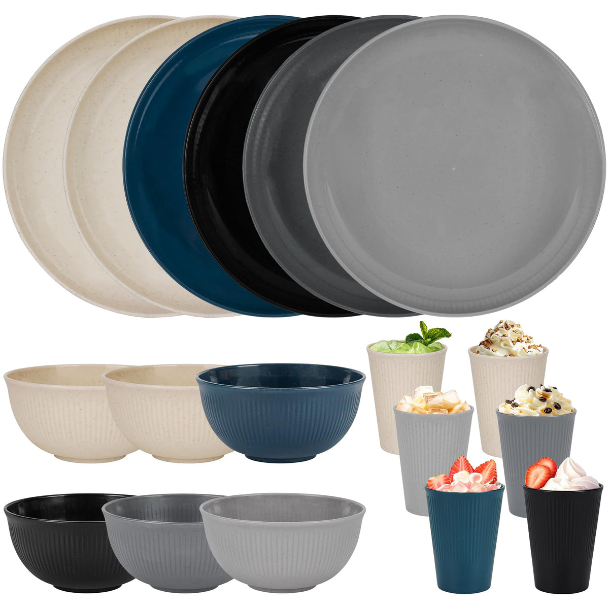 48 Pcs Dinnerware Sets, Unbreakable Plates and Bowls Sets, Reusable Dinnerware Sets for 4 People, Travel Camping Picnic Home Party Cutlery Set, Dishwasher Microwave Safe Dishes