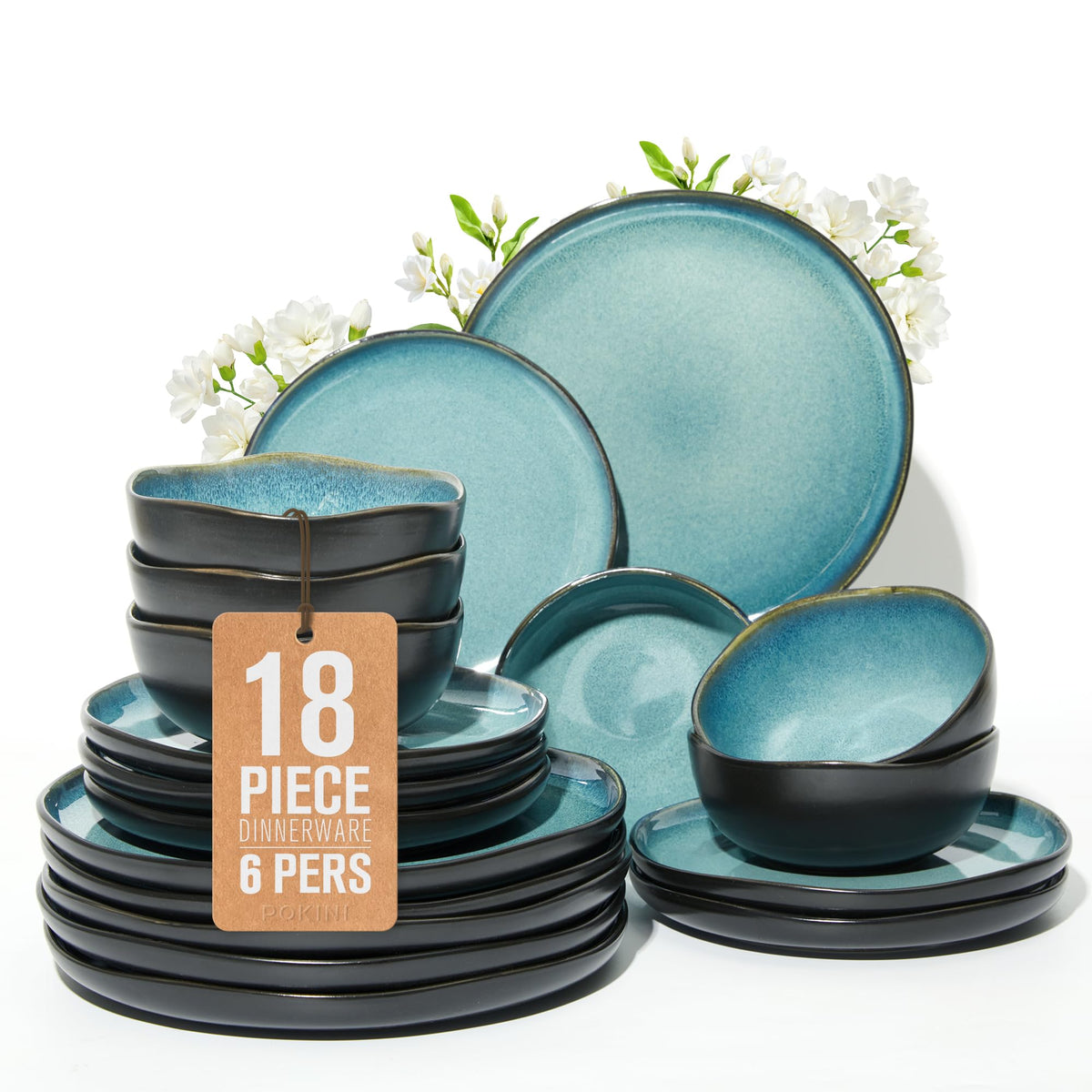 Pokini Stoneware Dinnerware Sets for 4, 12Pcs Ceramic Plates and Bowls Sets