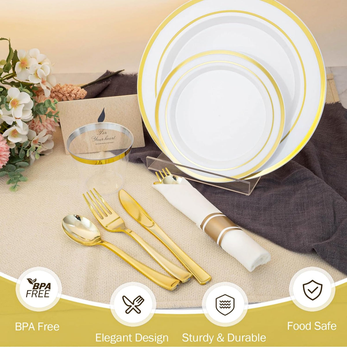 N9R 350PCS White and Gold Plastic Plates, Disposable Dinnerware Set
