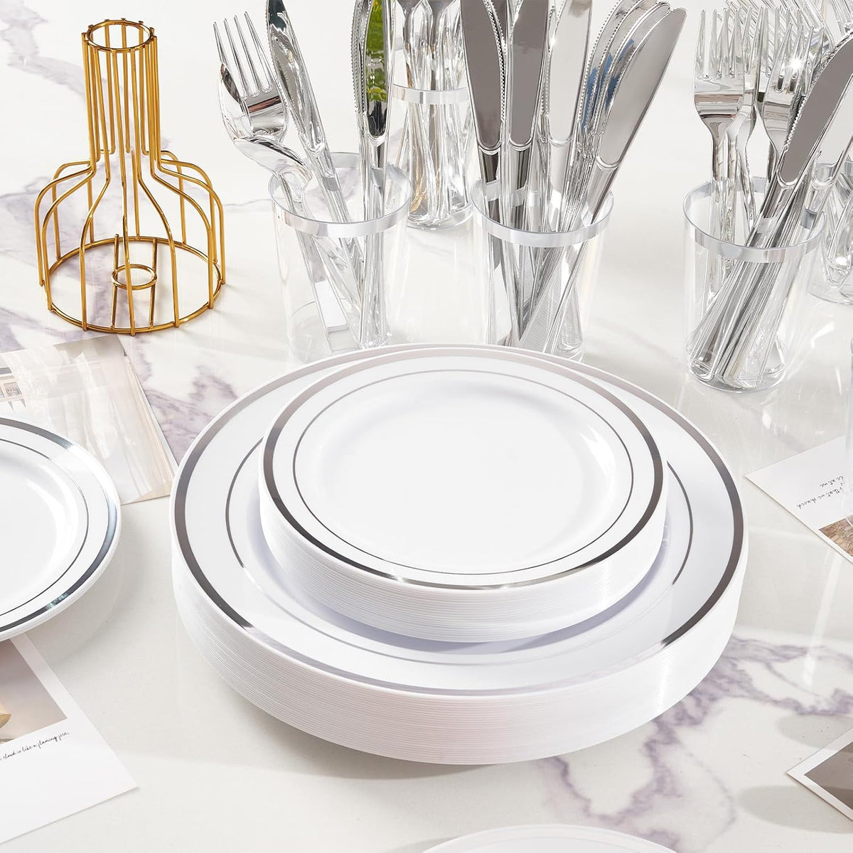 Fijinhom 175PCS Plastic Plates for 25 Guests, Silver Disposable Plates