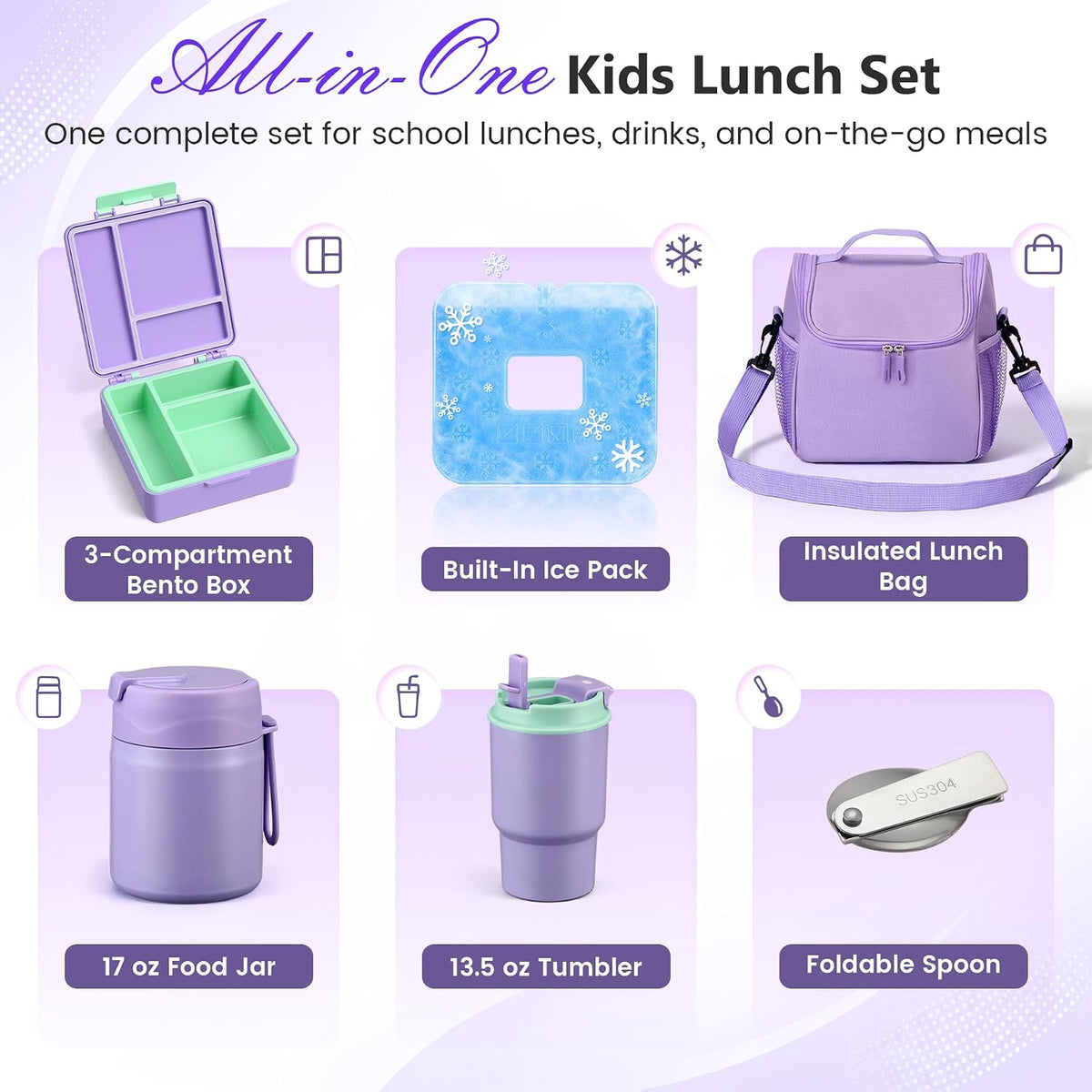 Pawtong Lunch Box Set with Bento Box Container, 17OZ Stainless Steel Food Soup Thermo, Kids Water Bottle & Portable Insulated Lunch Bag – Leakproof, Hot/Cold Retention for School, Travel (Purple)