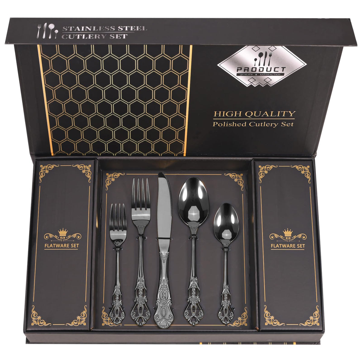 Retro Royal Gold Silverware Set With Gift Box For 8 Cutlery Set Utensils Stainless Steel Flatware 40 Pieces MIKIWAY Kitchen Tableware Set For Gifts Festive, Dishwasher Safe, Mirror Polishing