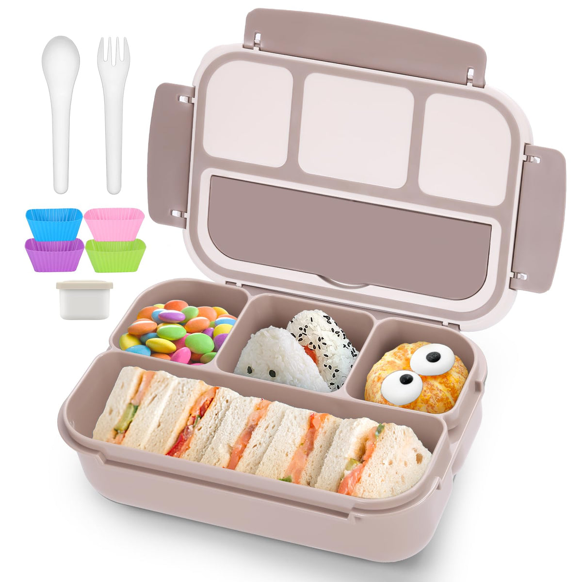 QQKO Bento Lunch Box for Kids Girls Boys, Toddler Kids Lunch Boxes for School, Lunch Containers for Adults with 4 Compartments, Sauce Container, Utensils, Food Picks and Muffin Cups, Purple