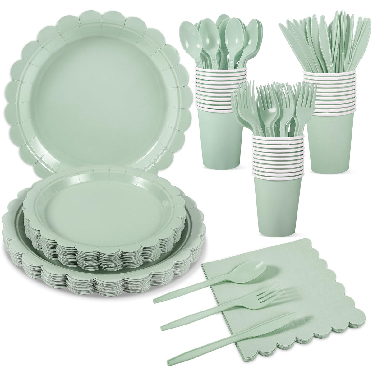 25 Set Party Plates and Cups and Napkins Ivory Scalloped Dinnerware