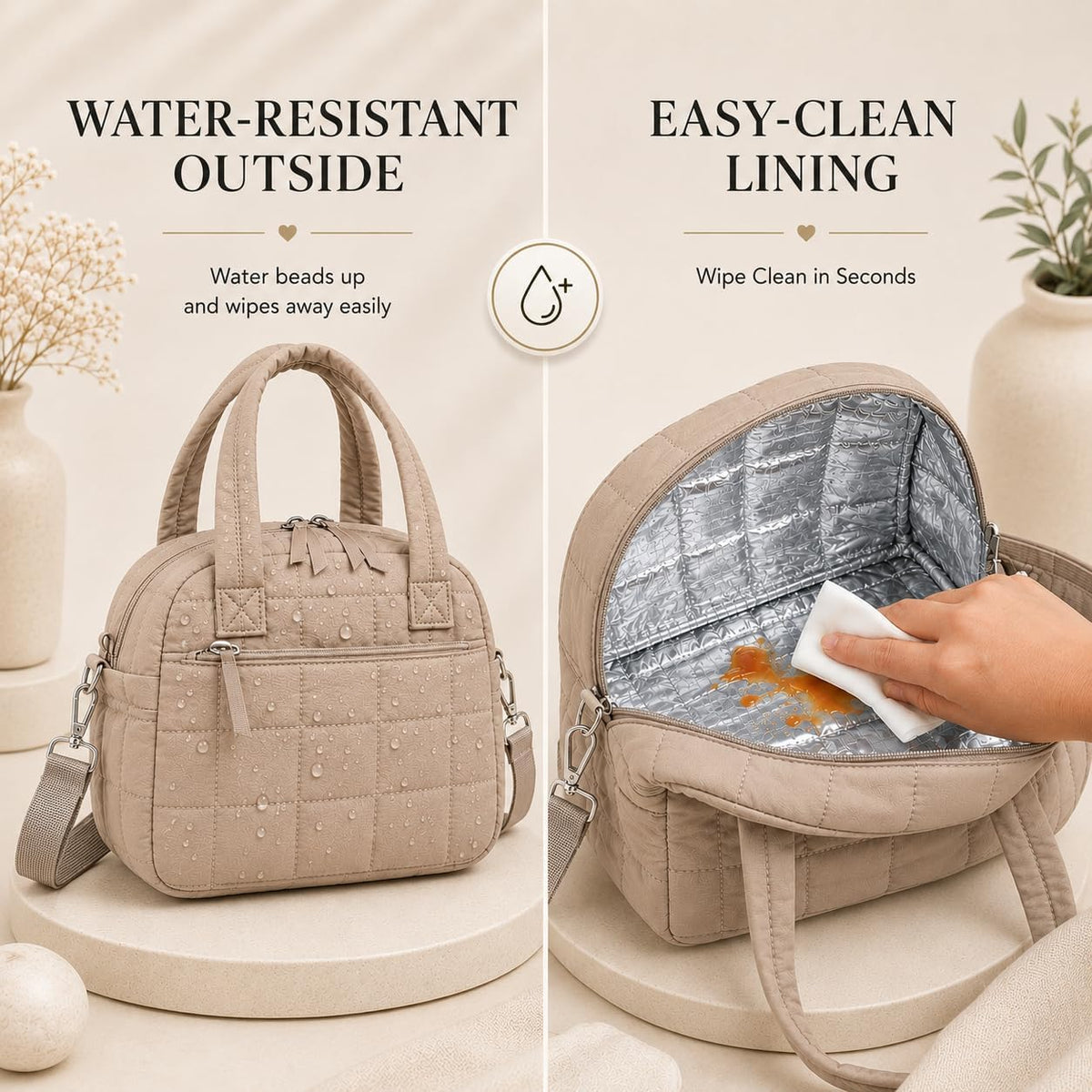 LEDAOU Lunch Box for Women, Quilted Insulated Lunch Bag, Puffy Lunch Tote with Adjustable Shoulder Strap for Work School Travel (Brown, Regular 9L)