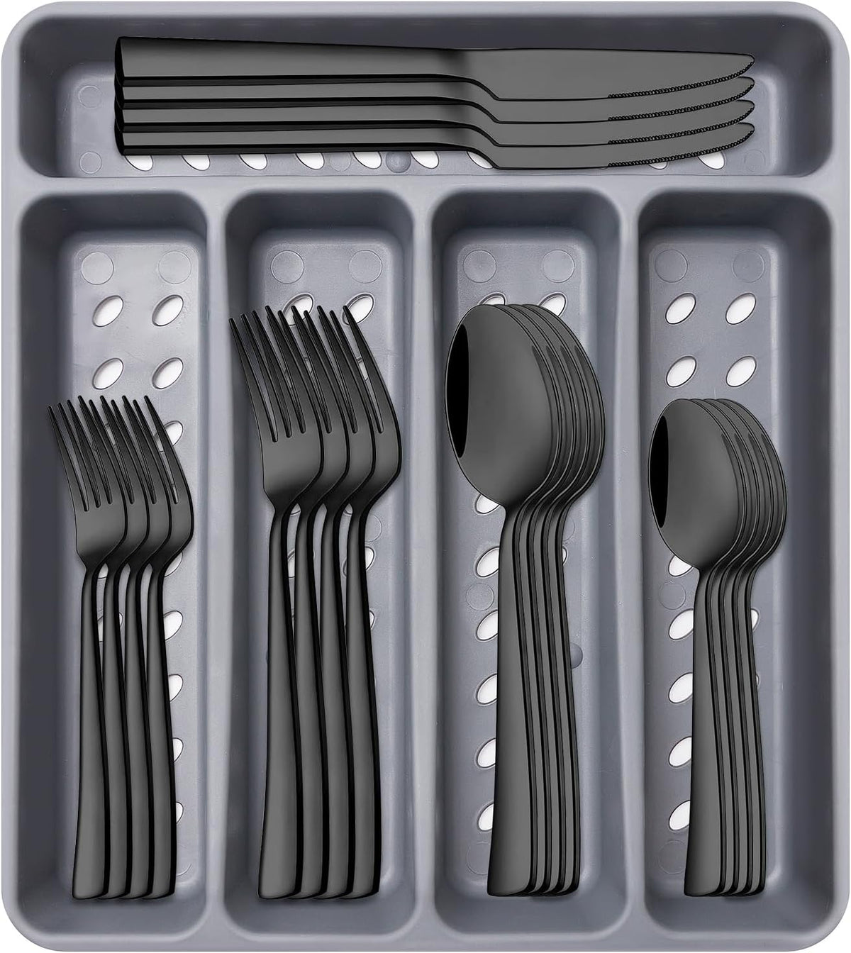 21 Pcs Black Silverware Sets with Organizer Spoon Fork Set Eating Utensils