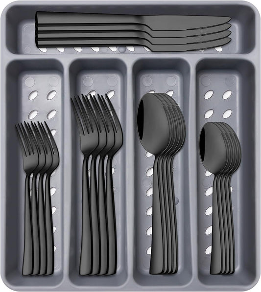 21 Pcs Black Silverware Sets with Organizer Spoon Fork Set Eating Utensils