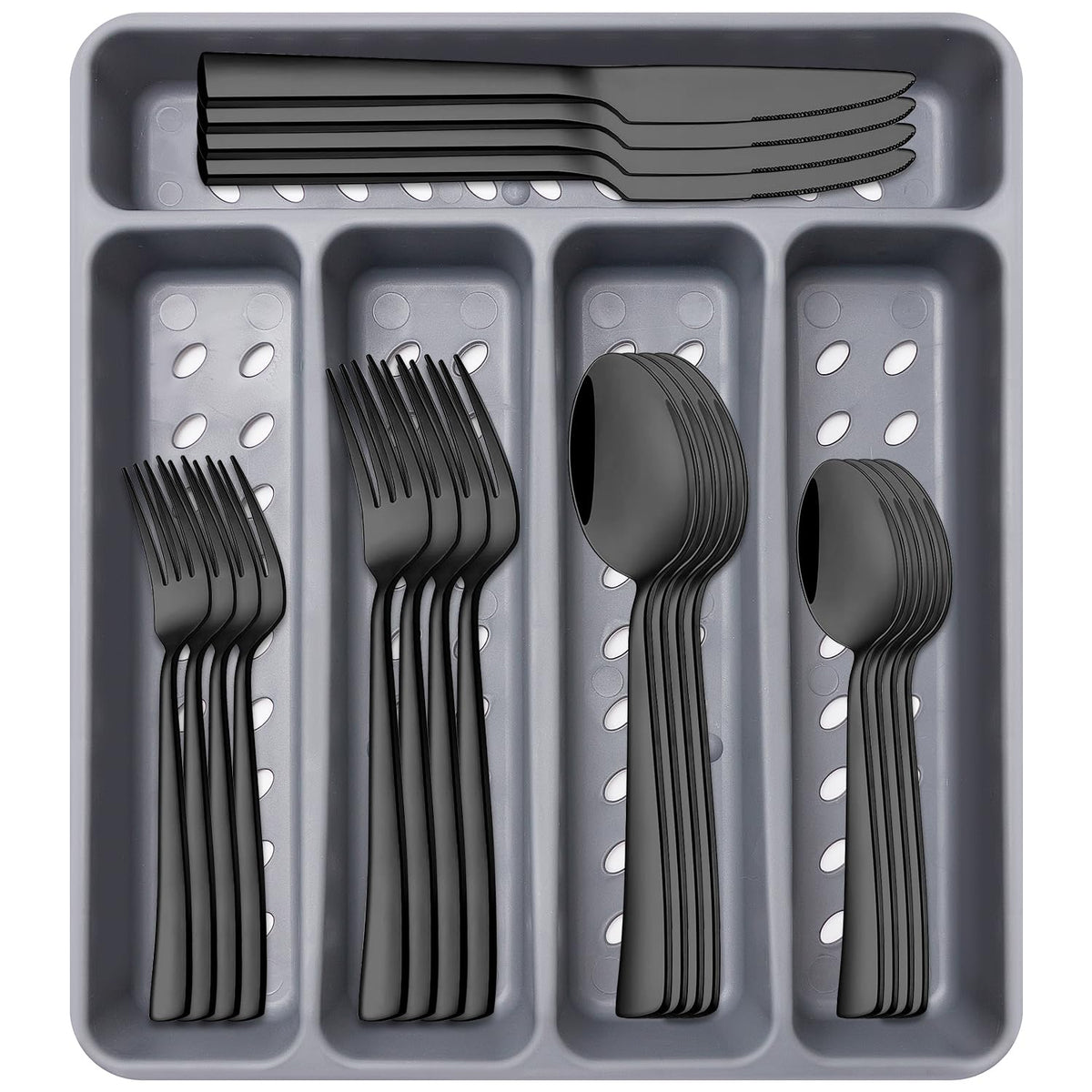 21 Pcs Black Silverware Sets with Organizer Spoon Fork Set Eating Utensils