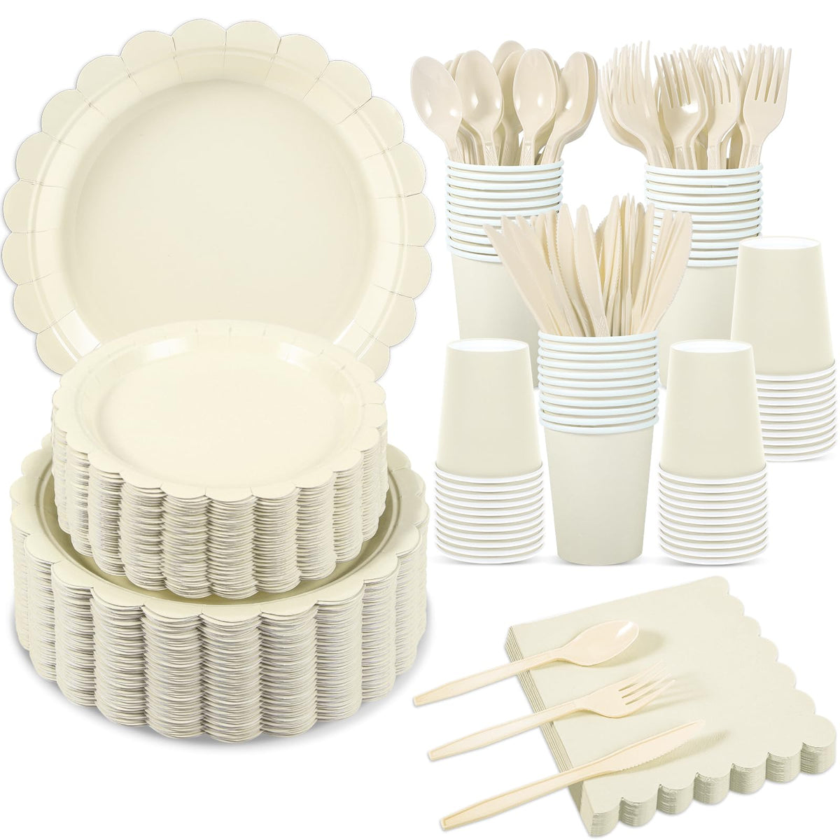 25 Set Party Plates and Cups and Napkins Ivory Scalloped Dinnerware