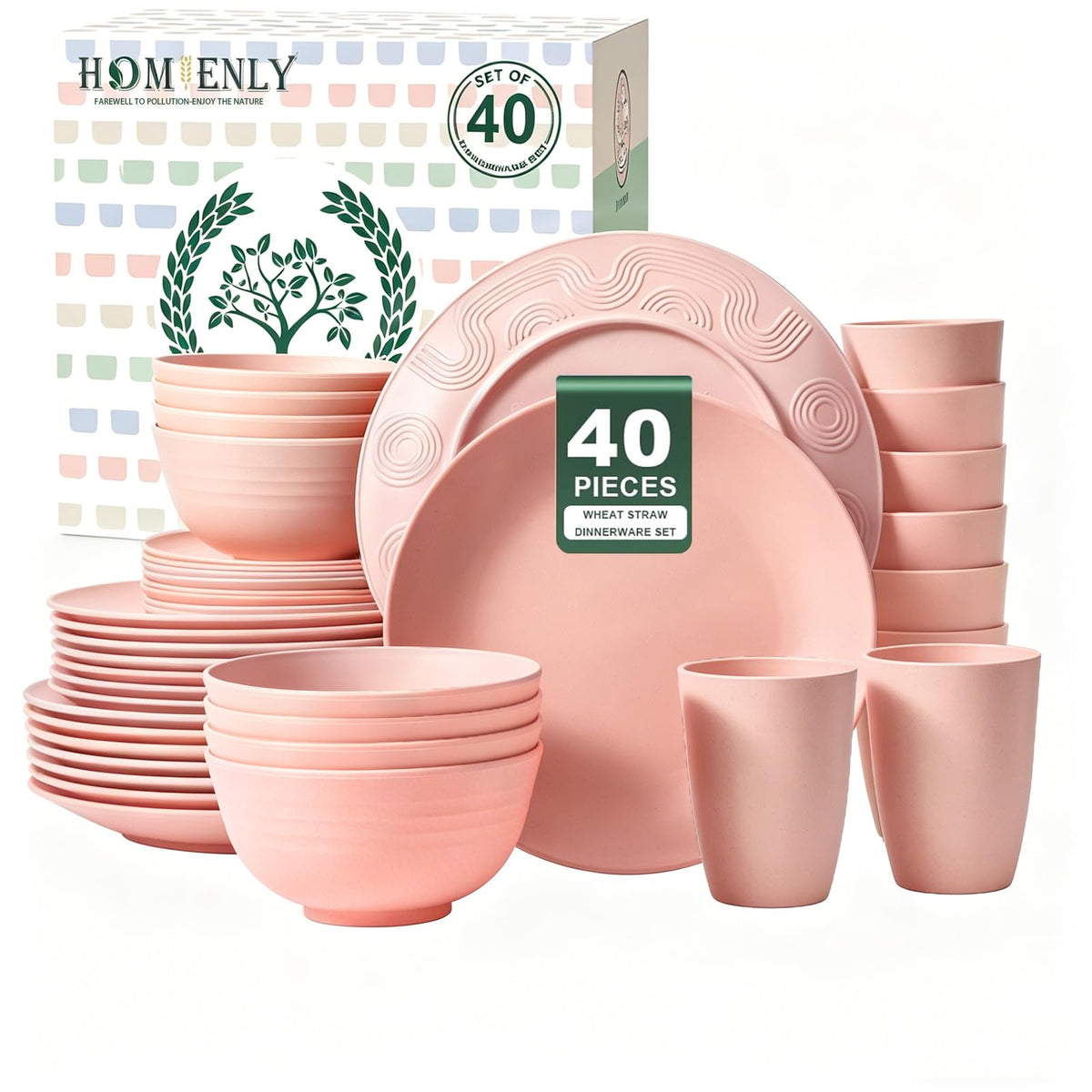 Homienly Kitchen Wheat Straw Dinnerware Set 40 PCS - Dinner Plates, Cereal Bowls, Wheat Straw Cups Set, Microwave and Dishwasher Safe Dishes Set, Unbreakable Dish Set for Party, Outdoor(Grey Stone)