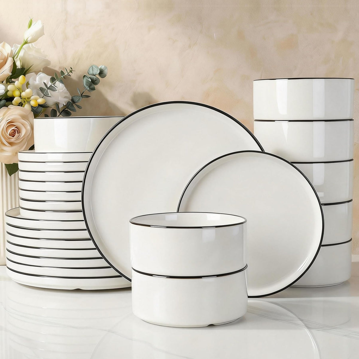 Famiware Nebula Plates and Bowls, 12-Piece Dinnerware Set, Cinnamon Brown