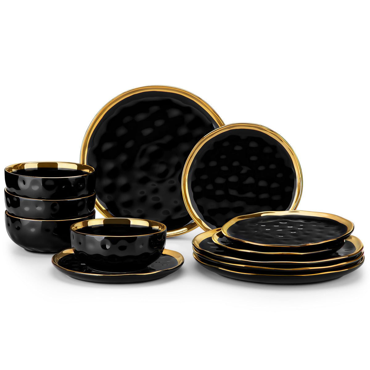 LOVECASA 12 Pieces Plates and Bowls Sets, Porcelain White and Gold Dinnerware Sets, Round Dinner Plates Dishes Set Service for 4, Dishwasher Safe and Scratch Resistant, White