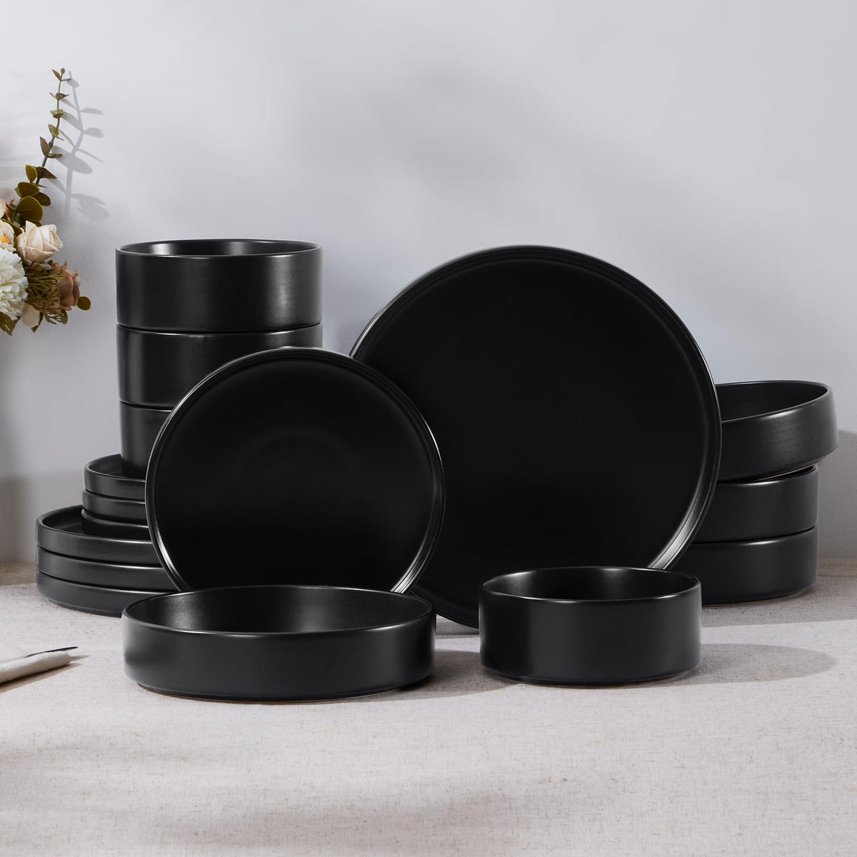 E-far Stoneware Dinnerware Sets, 12-Piece Black Plates and Bowls Set for 4
