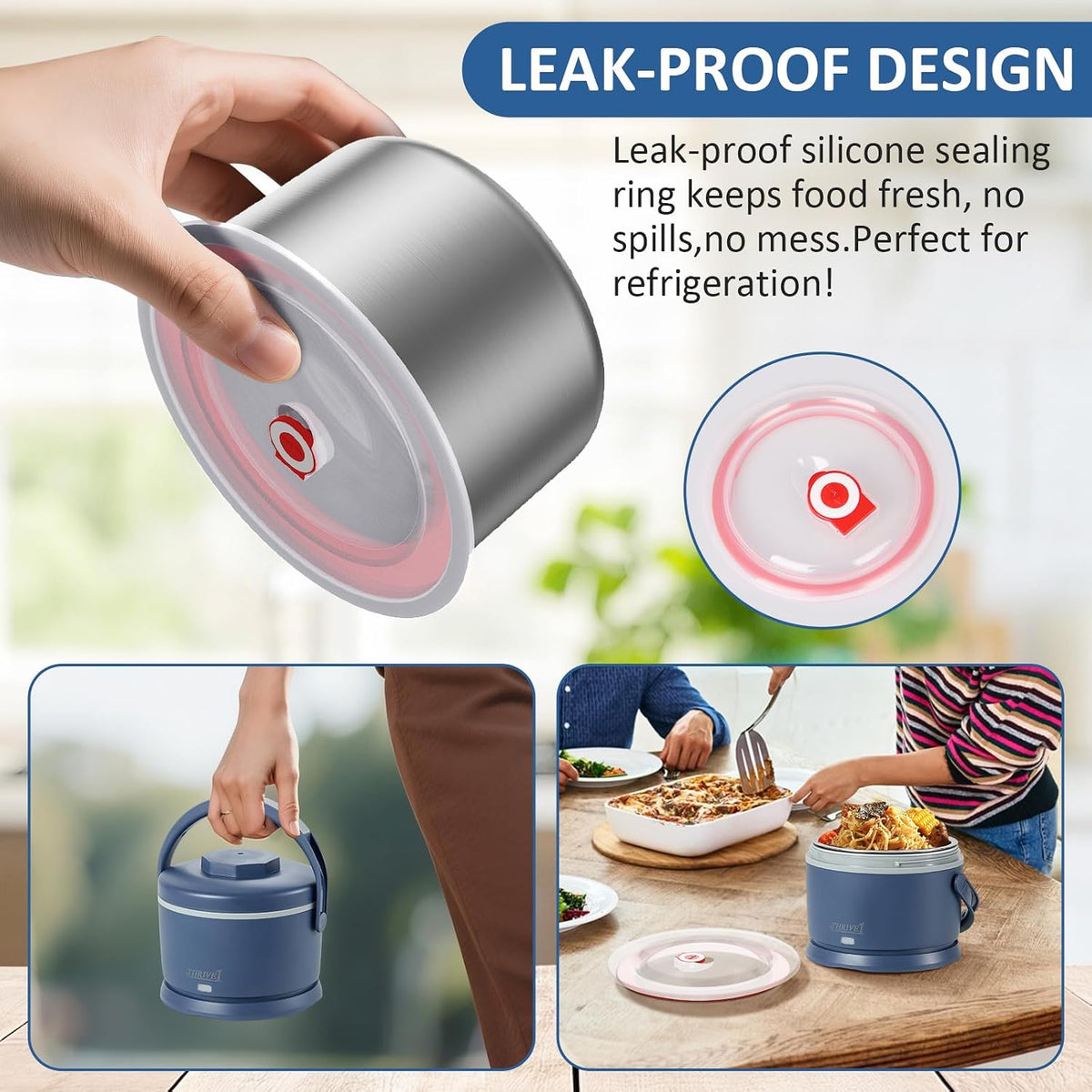 Electric Lunch Box for Adults 40 oz Portable Food Warmer 12V/24V/110V/220V Heated Lunch Box for Work, Office, Car, Travel, Home Use (Blue)