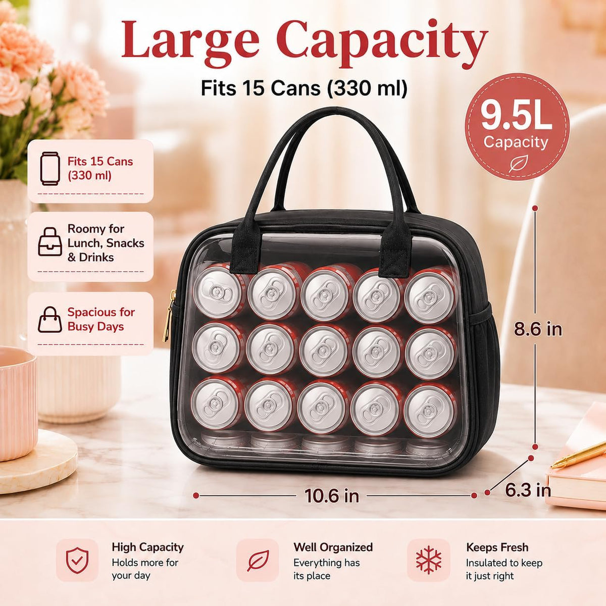 CAMTOP Lunch Box for Women Insulated Lunch Bag Lunchbox Cooler Thermal Leakproof Quilted Reusable Lunch Tote Bag for Work School Travel Picnic (Black)