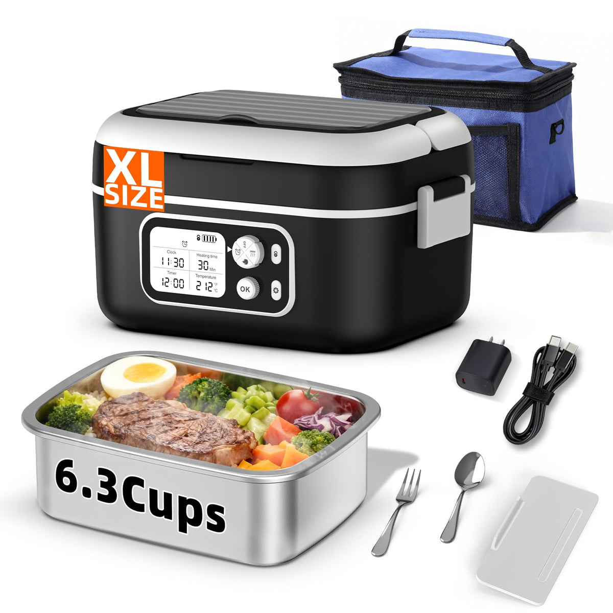 XL 6.3-Cups Cordless Electric Heated Lunch Box for Adults, 20000mAh Rechargeable Battery Powered Smart Self Heating Lunchbox for Men Women, 100W Food Warmer for Trucks Driver Travel Office Worker