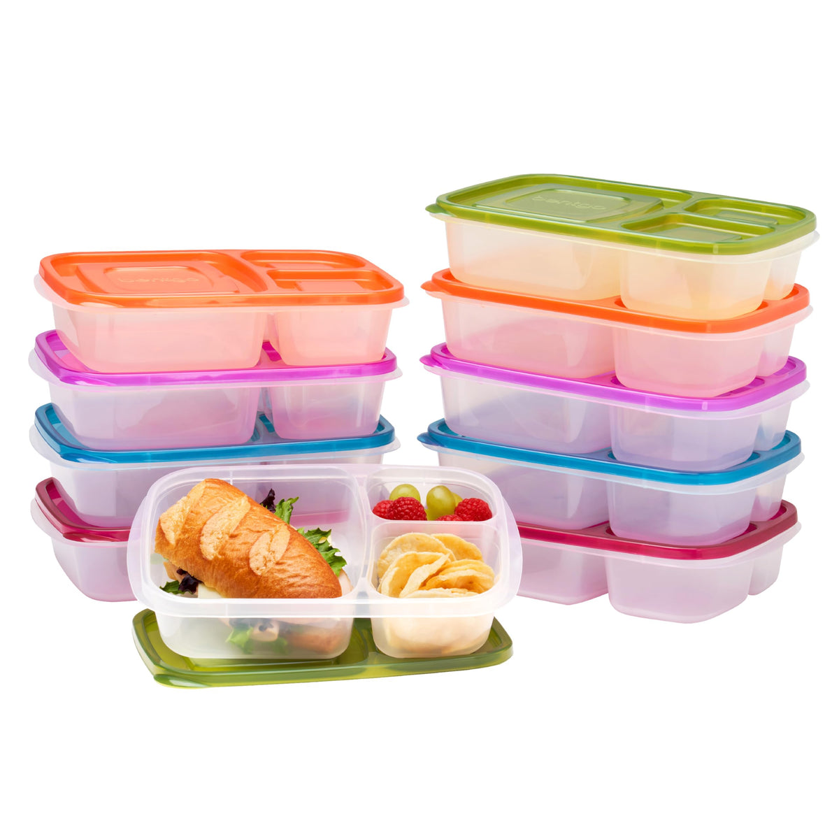 Bentgo Easyboxes - Original Stackable Lunch Boxes - Reusable 3-Compartment Food Containers for Kids and Adults - Bento Lunch Box for Meal Prep, School, & Work - BPA Free, Set of 4 (Brights)
