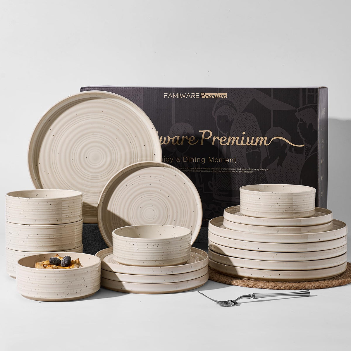 Stoneware Dinnerware Sets for 4, Reactive Glaze Plates & Bowls, Shell Beige