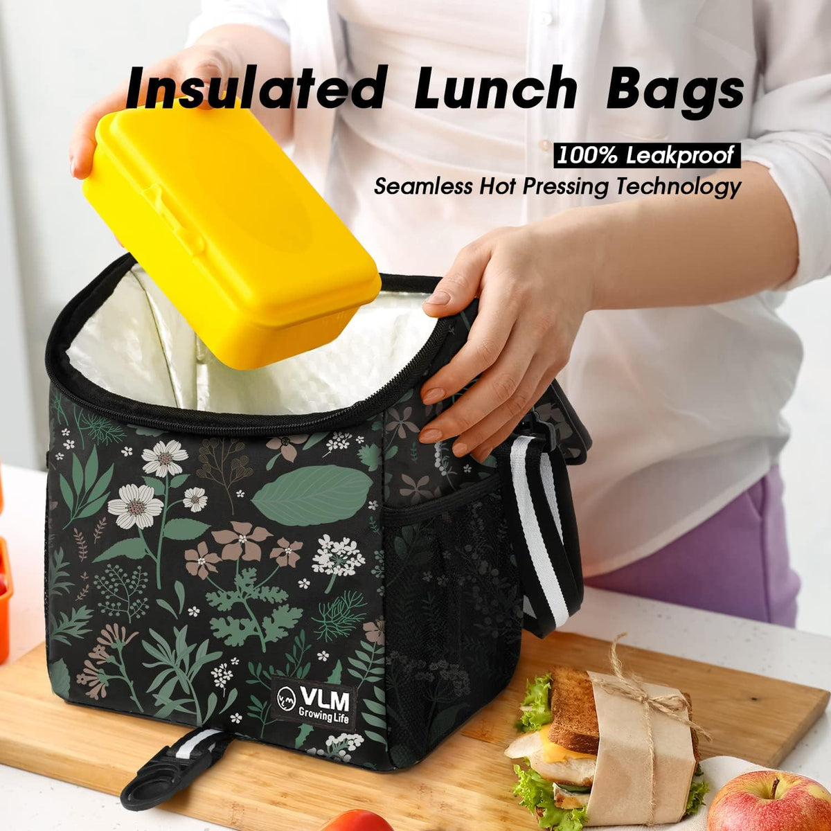 VLM Lunch Box for Women, Insulated Lunch Bag Women, Cute Floral Lunch Tote