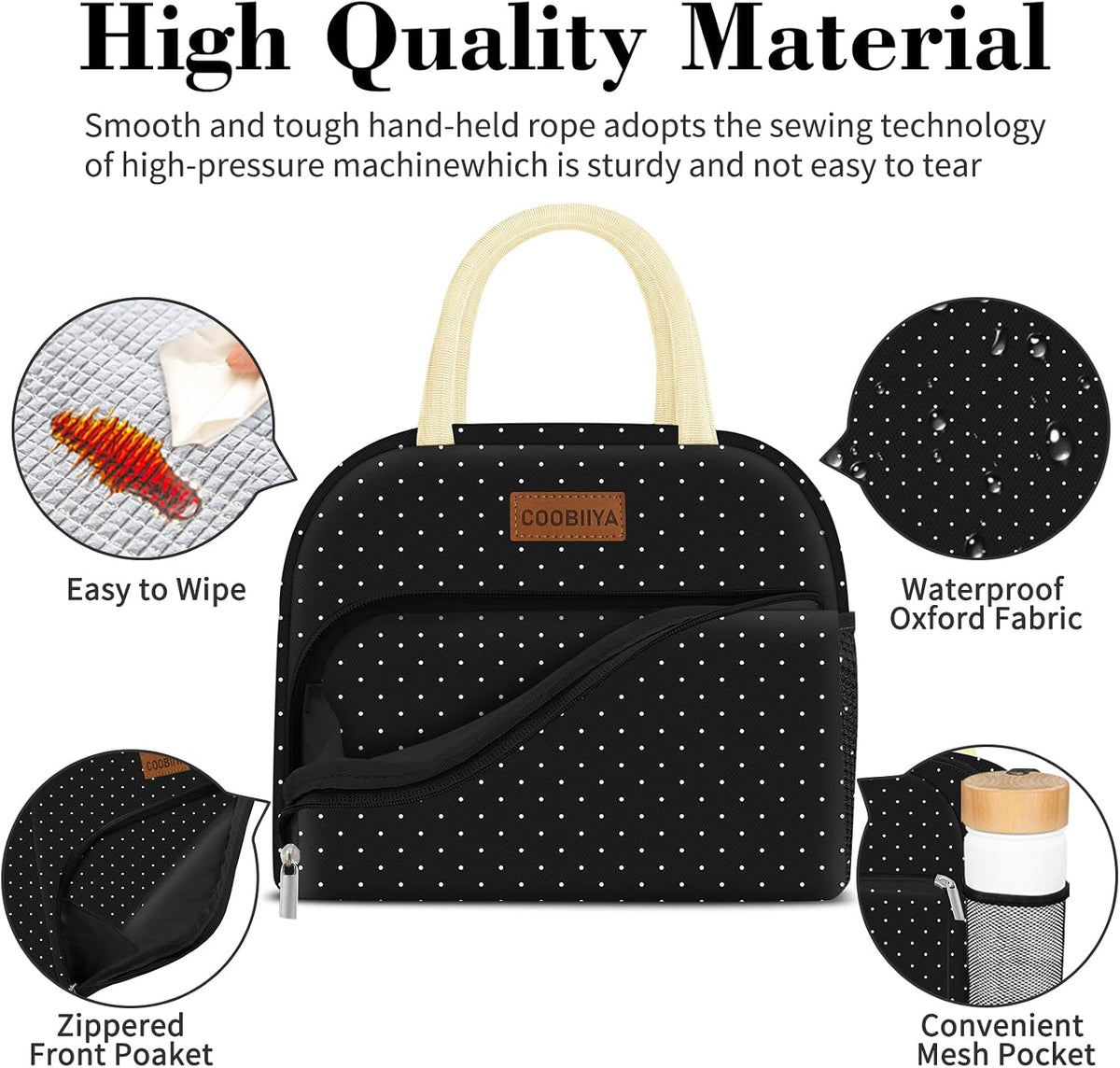 Coobiiya Lunch Bag Women,Lunch Box LunchBag for Women Adult Men, Small Leakproof Cute Lunch Tote Large Capacity Reusable Insulated Cooler Lunch Container for Work/Office/Picnic/Travel-Black Polka Dot