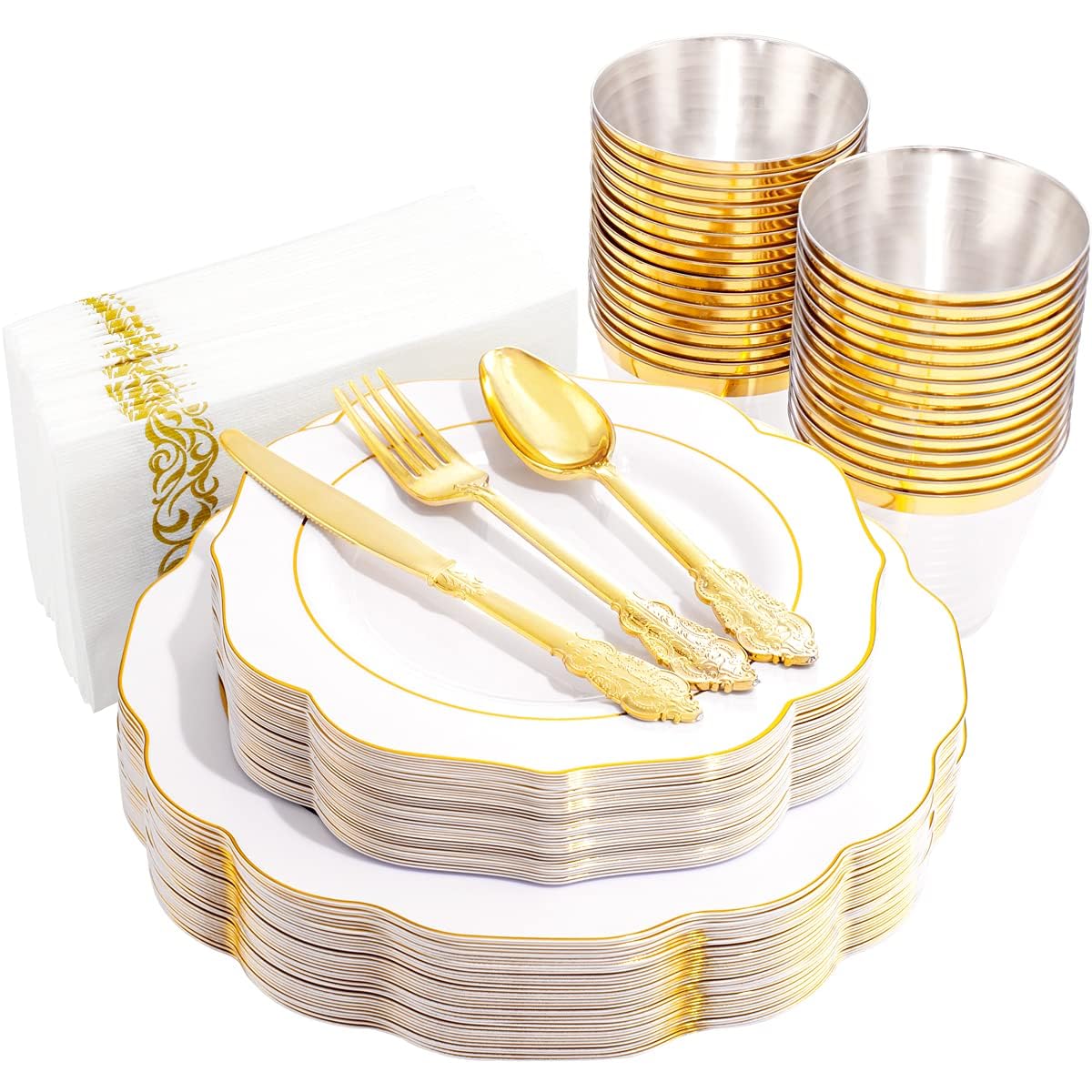 NOCCUR 175PCS Pink Plates with Gold Disposable Silverware - Include 50 Pink Plastic Plates,25 Knives,25 Forks,25 Spoons,25 Cups and 25 Napkins - Ideal for Party/Wedding/Banquet/Baby Shower
