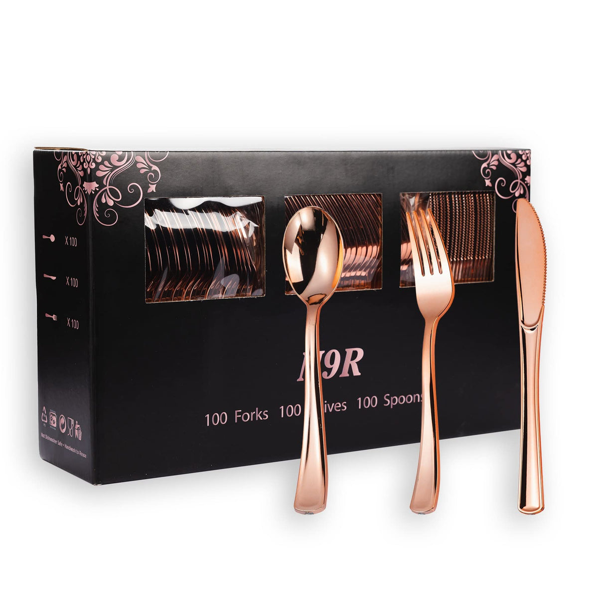 N9R 300PCS Gold Plastic Silverware, Disposable Plastic Cutlery/Utensils
