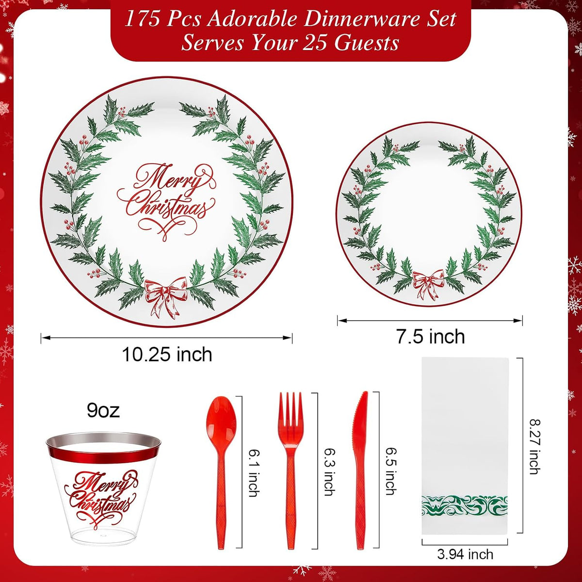 Layhit 175 Pcs Christmas Plastic Plates Dinnerware Set, Green Red