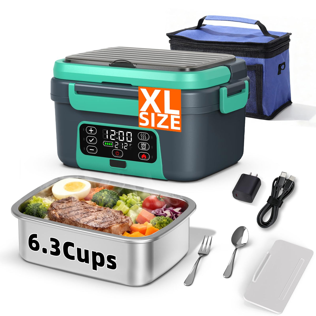XL 6.3-Cups Cordless Electric Heated Lunch Box for Adults, 20000mAh Rechargeable Battery Powered Smart Self Heating Lunchbox for Men Women, 100W Food Warmer for Trucks Driver Travel Office Worker