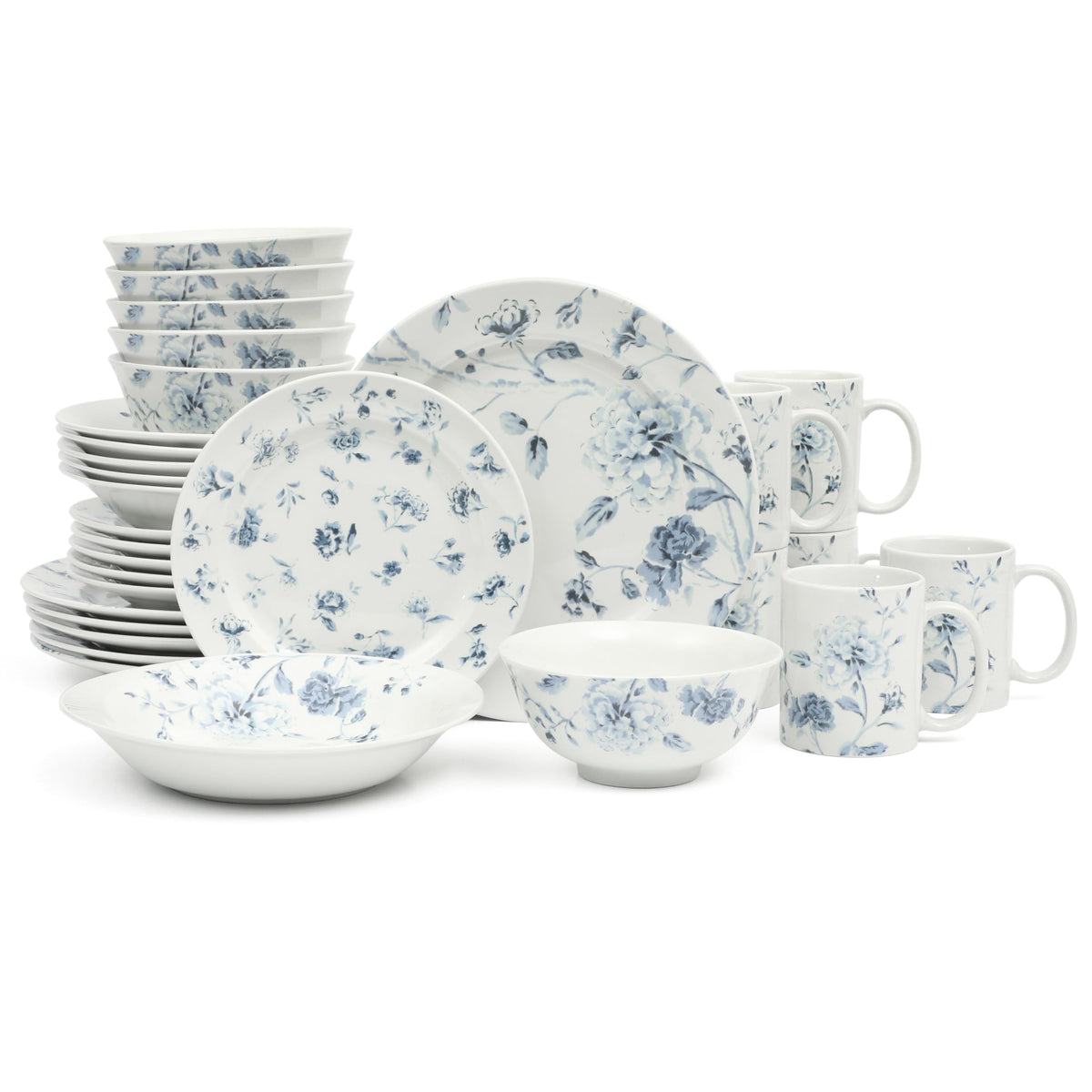 Martha Stewart Empress Bouquet 12-Piece Decorated Porcelain Chip and Scratch Resistant Dinnerware Plates and Bowls Set - Pink Floral
