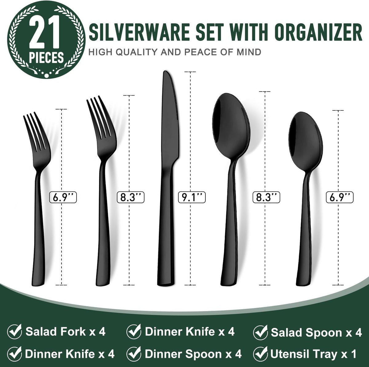 21 Pcs Black Silverware Sets with Organizer Spoon Fork Set Eating Utensils