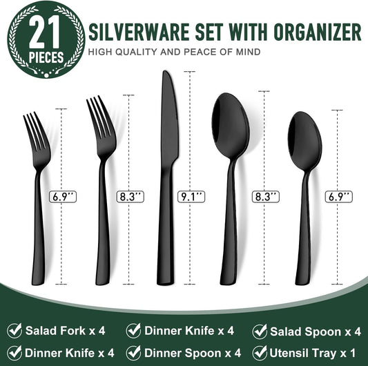 21 Pcs Black Silverware Sets with Organizer Spoon Fork Set Eating Utensils