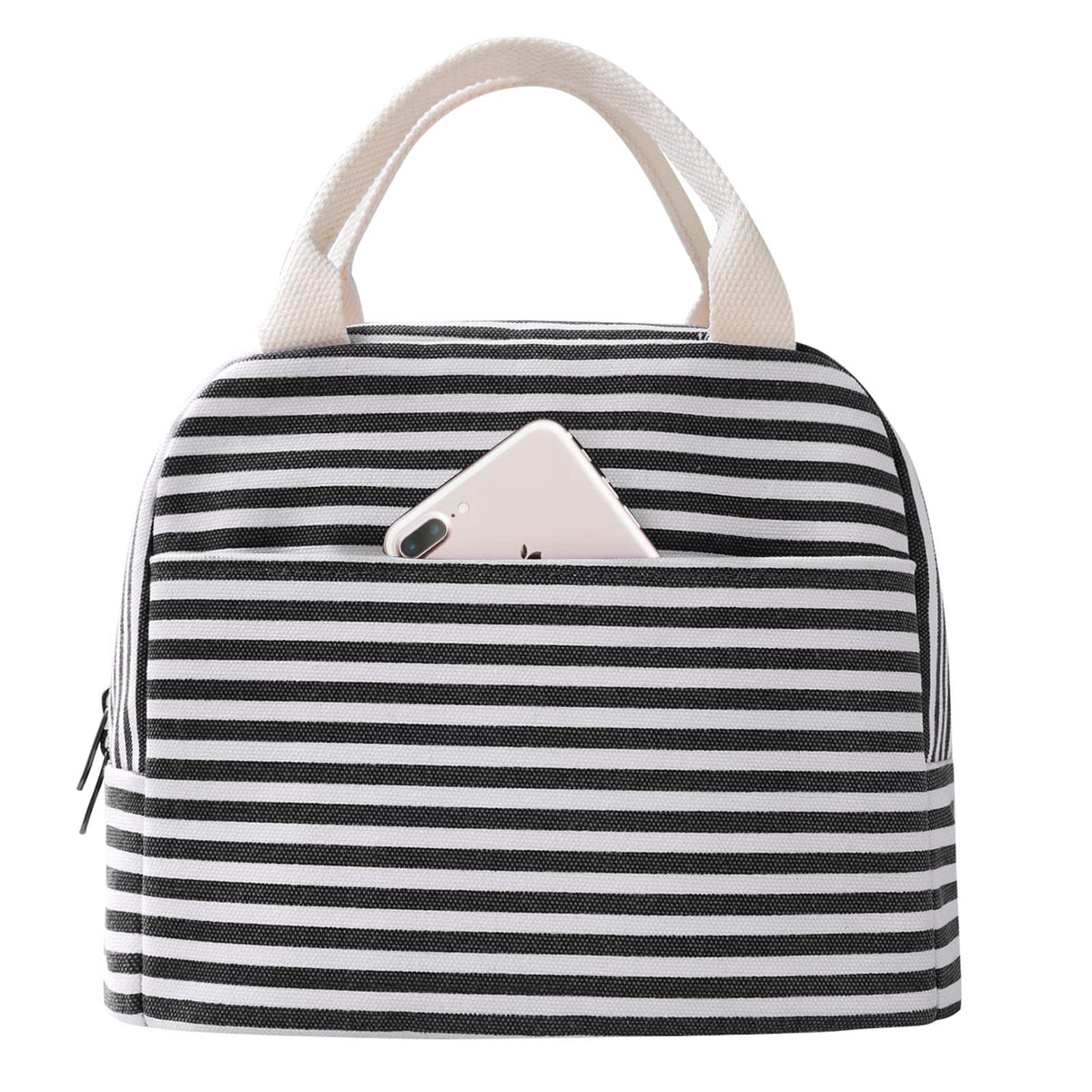 EurCross Upgraded Compact Black Lunch Bag for Girls Women,Canvas Reusable Insulated Polka Dot Lunch Tote Box Bag for Work School