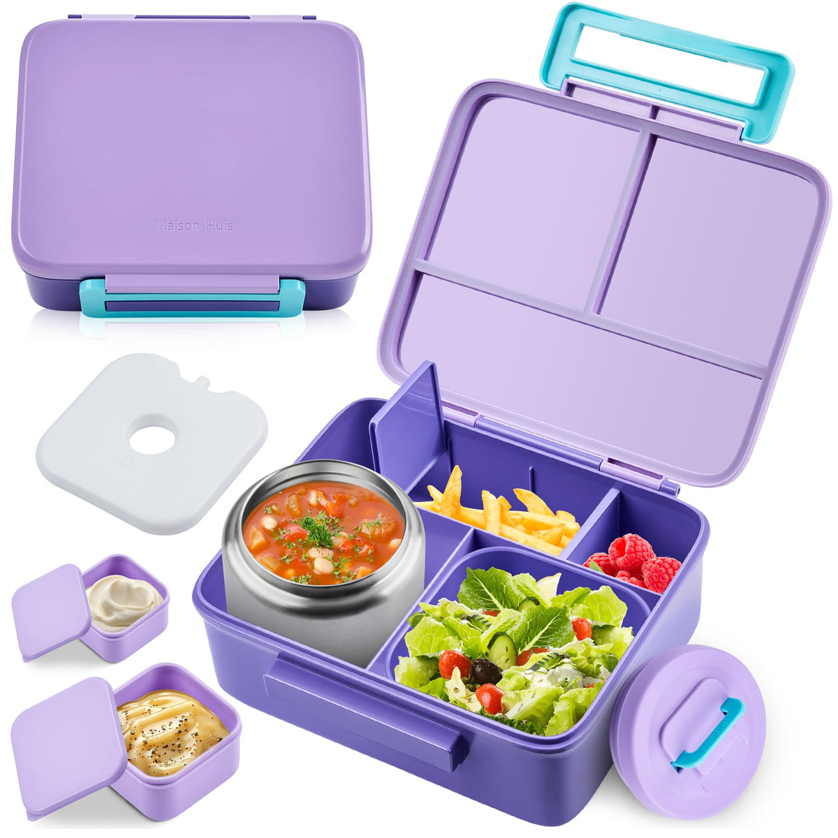 Bento Lunch Box for Kids with 8oz Soup Thermo Leak-Proof Lunch Food Containers with Snack Sauce Container for Kid Girls Boys to School,Blue Bag