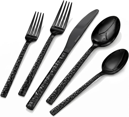 20 Piece Black Silverware Set,18/10 Stainless Steel Hammered Flatware for 4