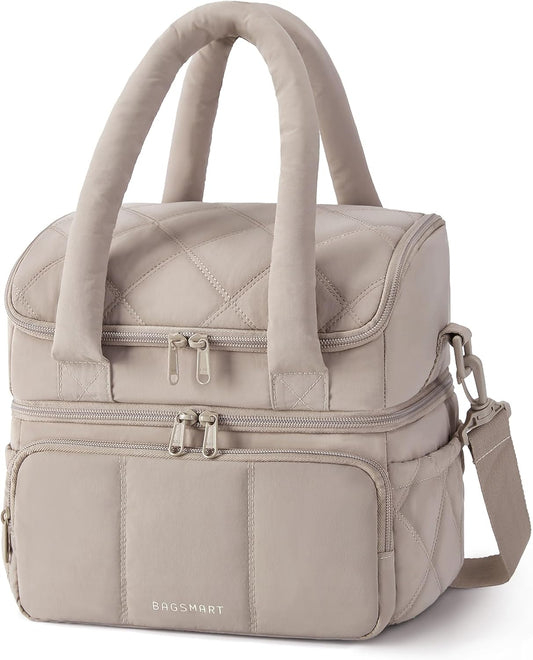 BAGSMART Lunch Bag Women, Double Deck Insulated Lunch Box, Camel