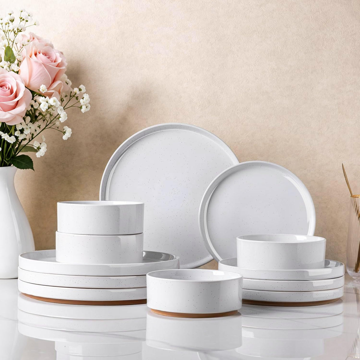 AmorArc Stoneware Dinnerware Sets for 4,12Pcs Plates and Bowls Set