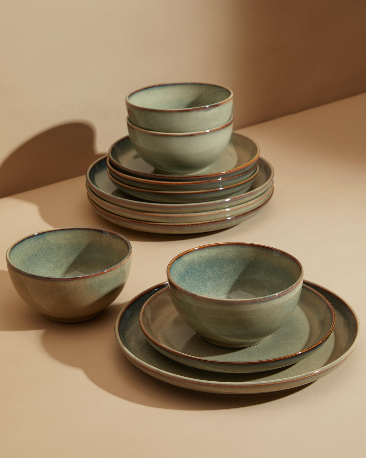 Pokini Stoneware Dinnerware Sets for 4, 12pcs Plates and Bowls Sets Dishes