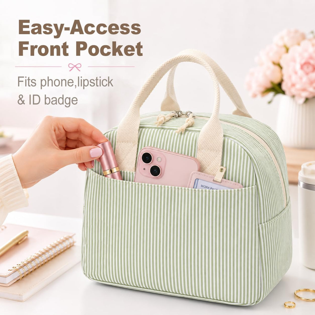 LOVELYWIND Lunch Box for Women,Insulated Lunch Bag,Green Stripe14-Can(9L)