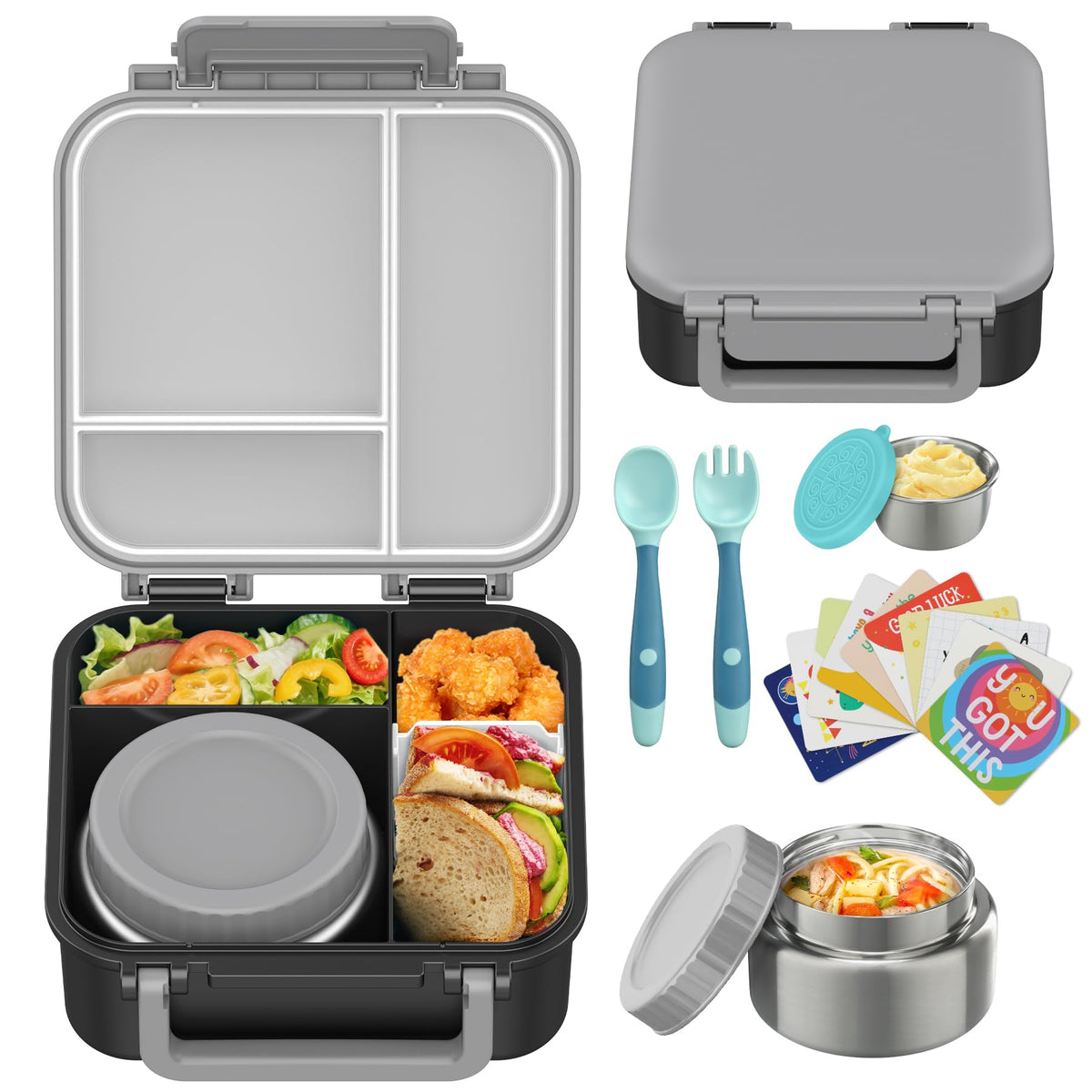 Kids Bento Lunch Box with 9oz Soup Thermo Leakproof Lunch Food Containers 4 Compartment with Insulated Hot Food Jar for Kid Toddler Girls Boys to School Trvael