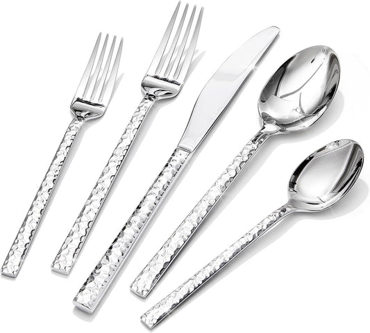 20 Piece Hammered Silverware Set, 18/10 Stainless Steel Flatware Set for 4