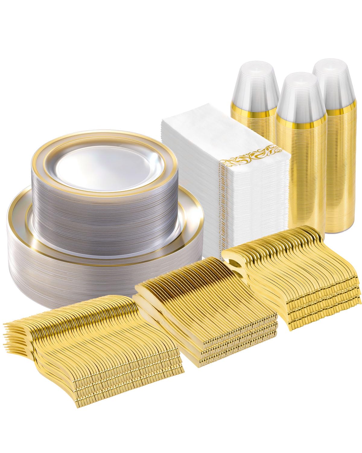 Goodluck 700 Piece Gold Dinnerware Set for 100 Guests, Disposable Plate Set