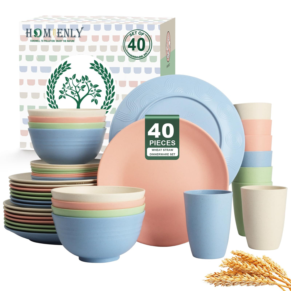 Homienly Kitchen Wheat Straw Dinnerware Set 40 PCS - Dinner Plates, Cereal Bowls, Wheat Straw Cups Set, Microwave and Dishwasher Safe Dishes Set, Unbreakable Dish Set for Party, Outdoor(Grey Stone)