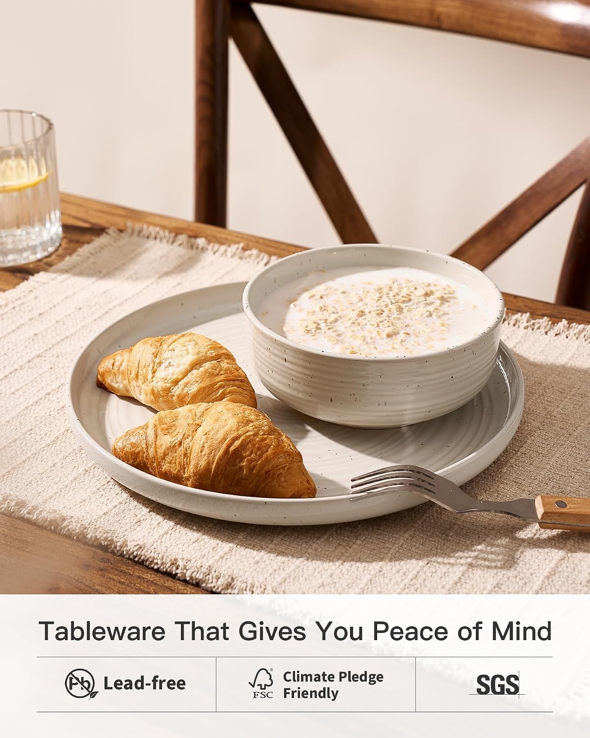 Stoneware Dinnerware Sets for 4, Reactive Glaze Plates & Bowls, Shell Beige