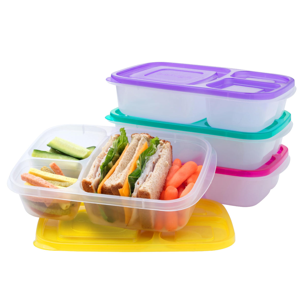 Bentgo Easyboxes - Original Stackable Lunch Boxes - Reusable 3-Compartment Food Containers for Kids and Adults - Bento Lunch Box for Meal Prep, School, & Work - BPA Free, Set of 4 (Brights)