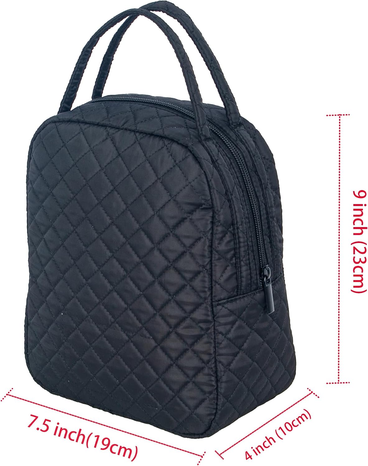 Machine Washable Women Quilted Fabric Insulated Reusable Cooler Lunch Bag Tote Adult Thermal Lunch Box Storage Bag for Ｗork (Black)