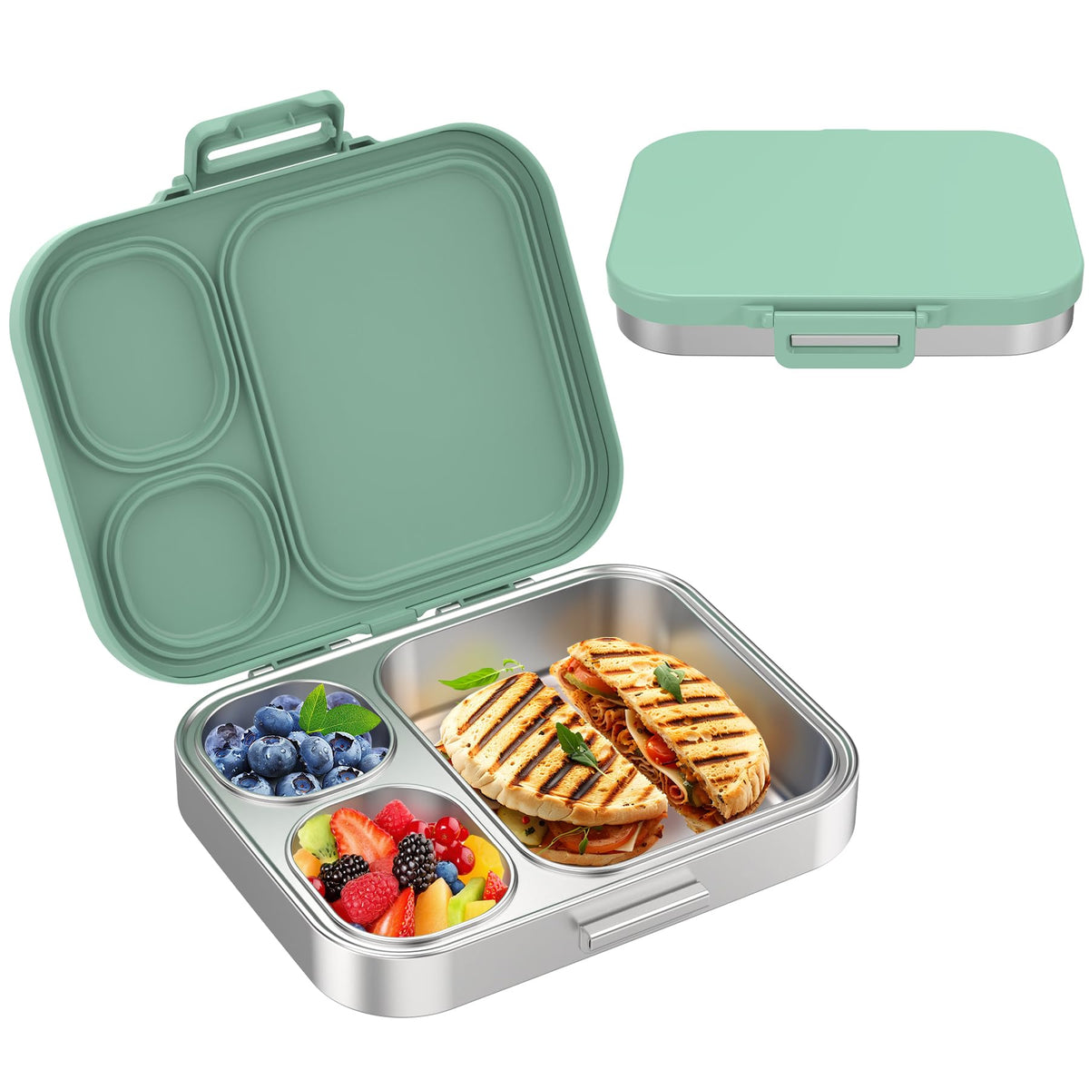 Pawtong Stainless Steel Bento Lunch Box for Kids | 3-Compartment Lunch Box Container Kids | 100% Leakproof, Eco-Friendly, Perfect Portion Control for Kids&Adult Healthy Meals (Green)