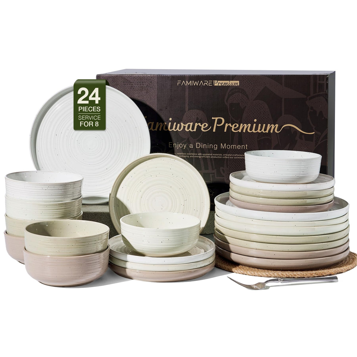 Stoneware Dinnerware Sets for 6, Plates and Bowls, Brown