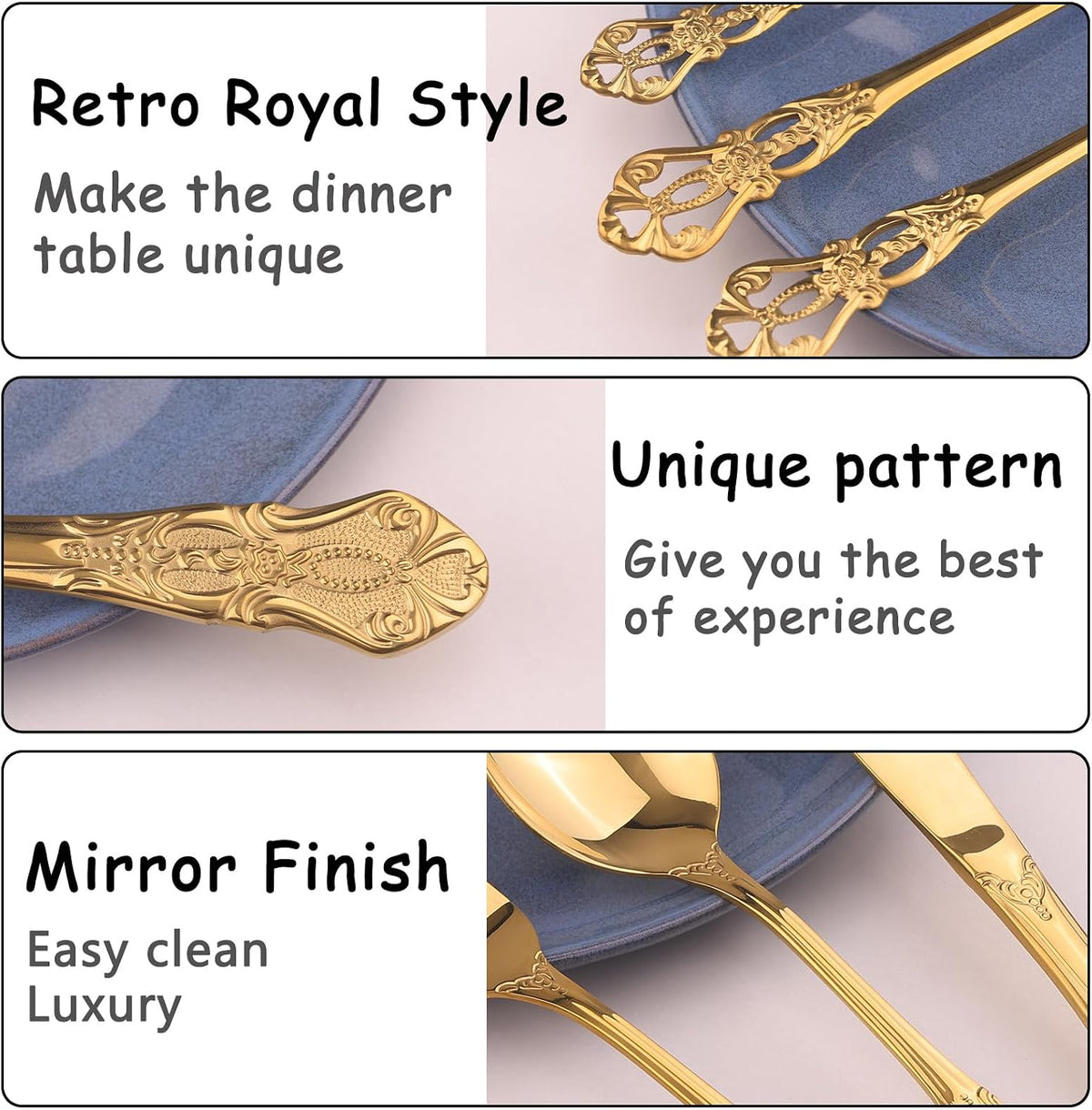 Retro Royal Gold Silverware Set With Gift Box For 8 Cutlery Set Utensils Stainless Steel Flatware 40 Pieces MIKIWAY Kitchen Tableware Set For Gifts Festive, Dishwasher Safe, Mirror Polishing