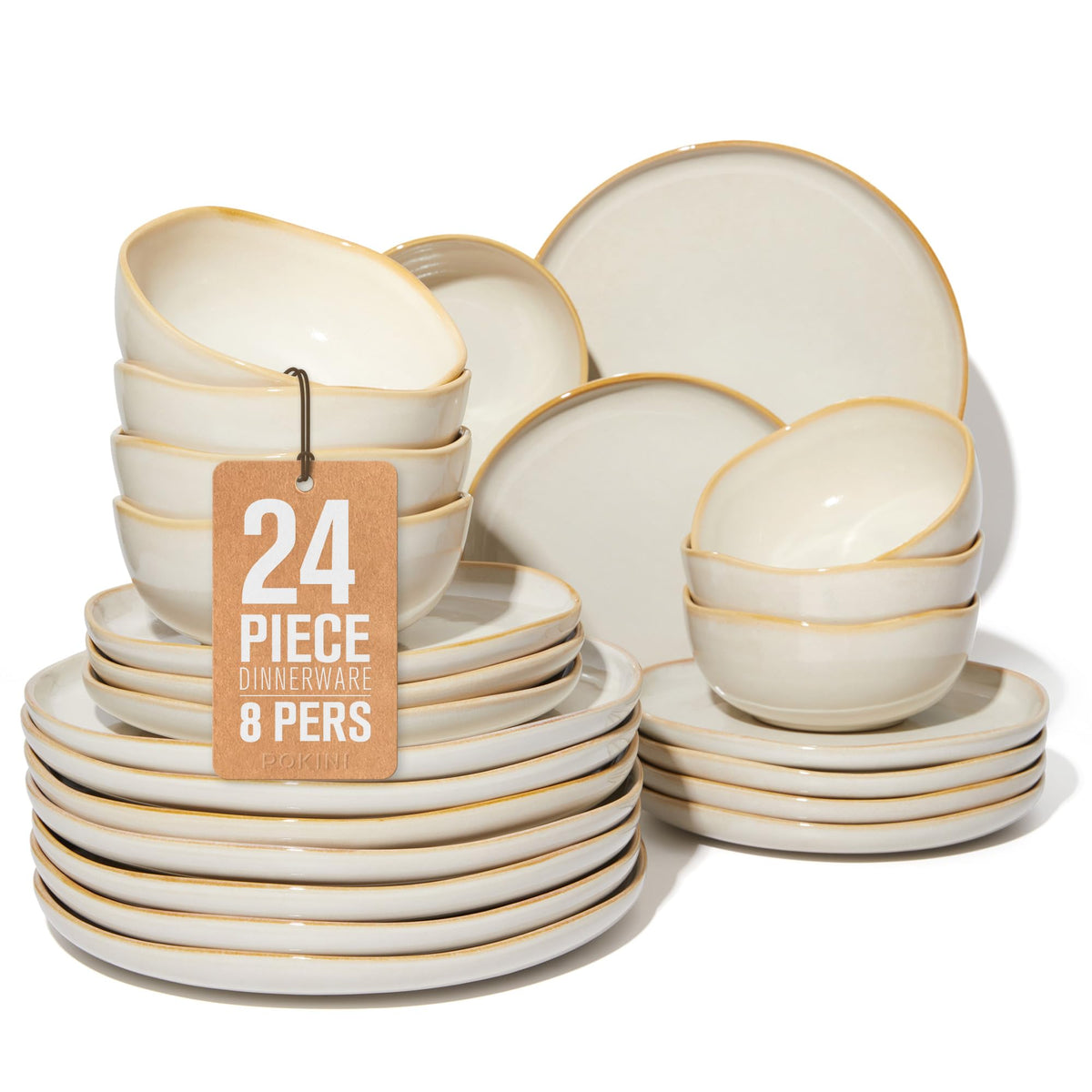 Pokini Stoneware Dinnerware Sets for 4, 12Pcs Ceramic Plates and Bowls Sets